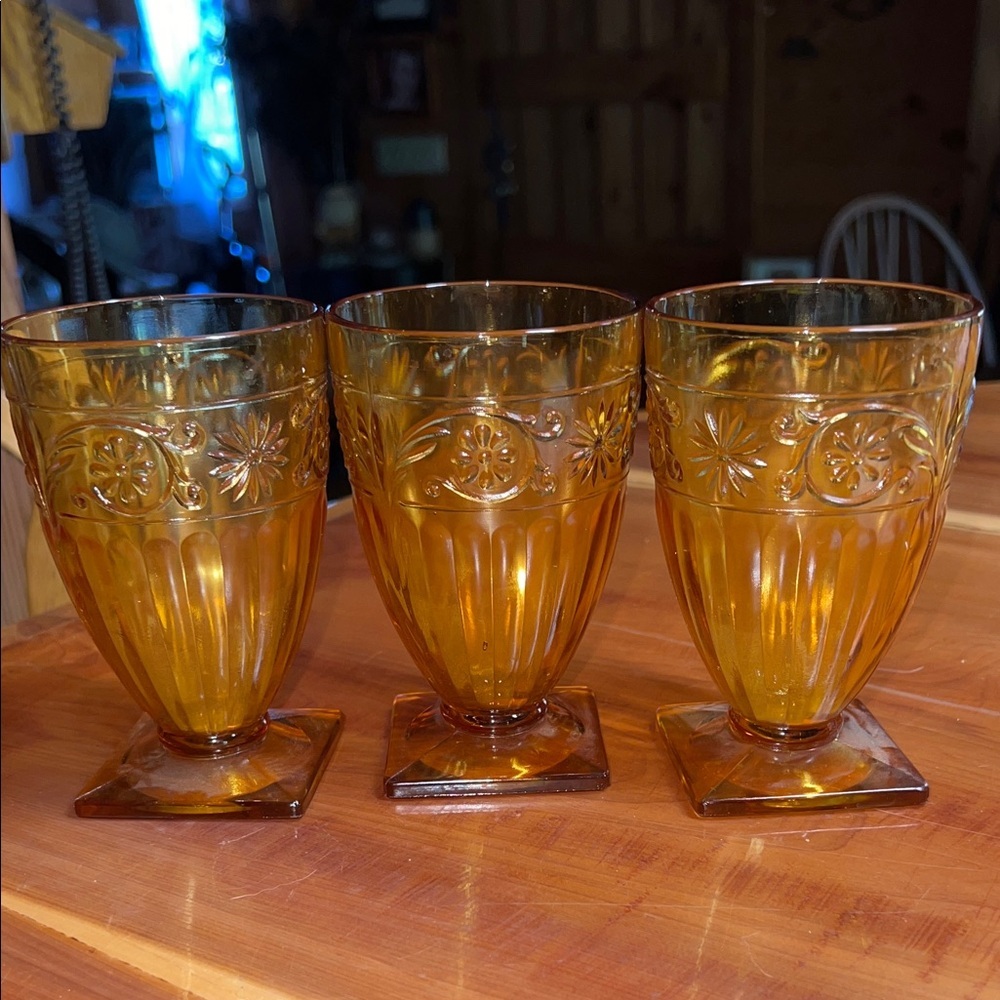 Set of 3 Vintage Amber Indiana Glass Daisy Pattern Wine or Juice Glasses